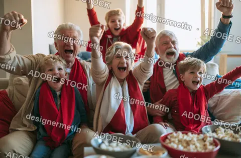 Excited Large Family With Kids And Grandparents Celebrating Sports