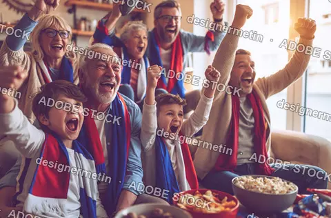 Excited Multigenerational Family Cheering While Watching Sports On