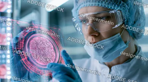 Female Scientist Analyzing 3d Cell Structure Projection In Laboratory