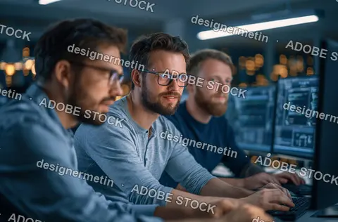 Three Male Programmers Coding On Computers In A Dark Office