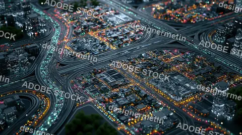 Digital Twin City Infrastructure Pattern With Wireframe Urban Grid