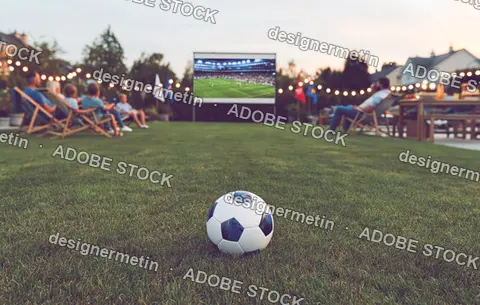 Soccer Ball On Backyard Lawn With People Watching Football