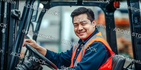 Happy Asian Man Driving Forklift In Factory Warehouse Looking At