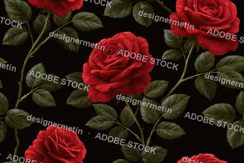 Red Rose Floral Seamless Pattern On Black Background