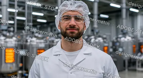 Male Factory Worker In White Coat, Safety Glasses, And Hair Net At