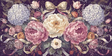 Vintage Watercolor Floral Bouquet With Peony, Hydrangea, Tulips