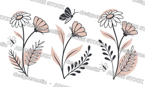 Minimal Floral Botanical Doodle Vector Set With Butterflies Artwork