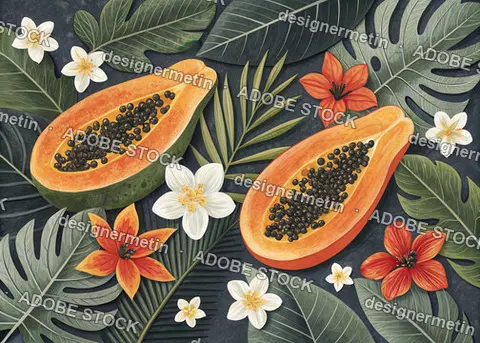 Colorful Papaya Slices Surrounded By Tropical Leaves And Flowers