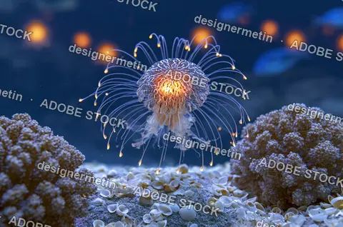 Flower Hat Jellyfish With Glowing Tentacles At The Bottom Of The Sea