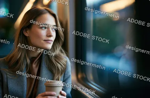 Smiling Young Woman With Coffee Cup Looking Through Train Window