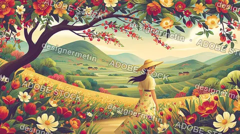 Vibrant Spring Landscape With A Woman Walking Through A Blooming