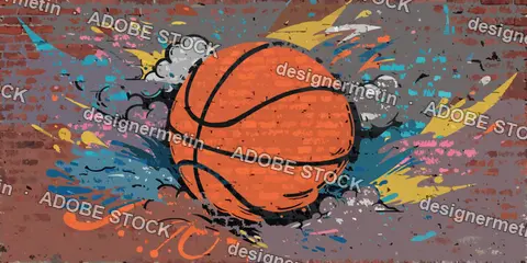 Explosive Basketball Popart Graffiti Vector Mural, Street Wall Art