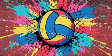 Volleyball Popart Graffiti Vector Explosion, Urban Brick Wall Design