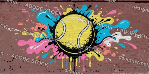 Neon Tennis Ball Popart Graffiti Vector Splash On Brick Wall Artwork         