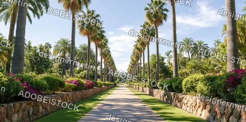 Long Avenue With Tall Palm Trees And Green Bushes Under A Clear Blue