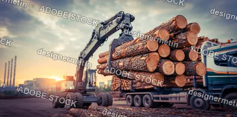 Sun Sets Over An Industrial Lumber Yard With A Crane Loading Logs Onto A Truck