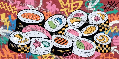 Graffiti Popart Sushi Rolls Vector Illustration, Colorful Urban Street Food Artwork