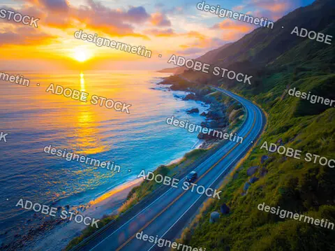 Car Driving Along Coastal Highway At Sunset