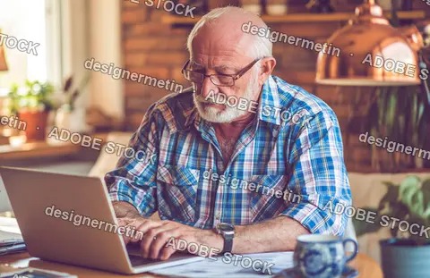 Senior Man Using A Laptop And Looking At Bills For Personal Finances