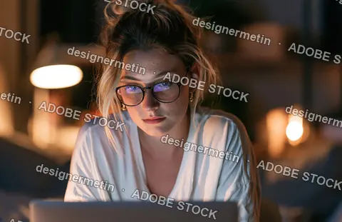 Young Woman Working Remotely Late Night From Cozy Home Workspace