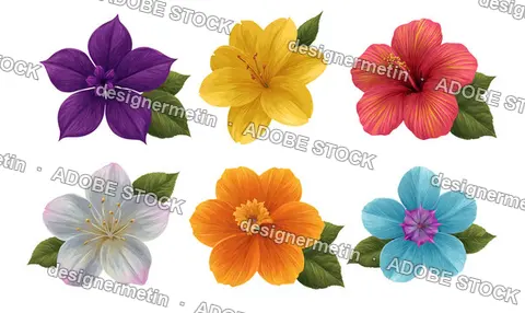 Colorful Flowers Set Isolated On Transparent Background, Png