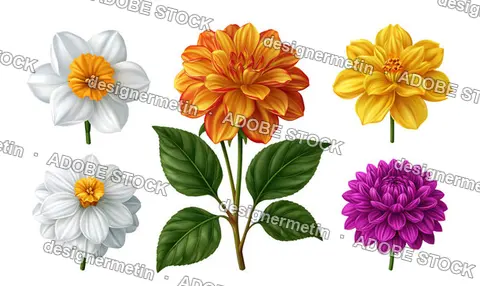 Colorful Dahlia And Daffodil Flower Set Set Isolated On Transparent Background, Png