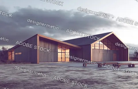 Modern Wooden Building Standing On Paved Courtyard Under Cloudy Sky