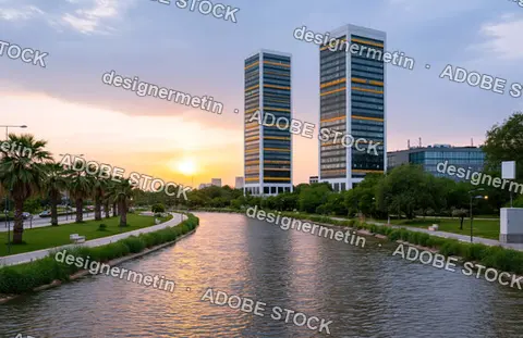 Modern Office Towers Reflecting In River At Sunset
