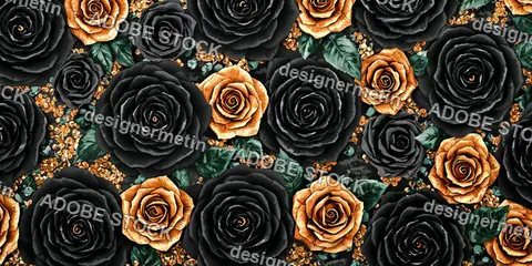 Luxury Black And Gold Rose Background. Elegant Floral Texture Art