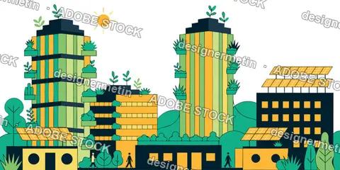Solarpunk Sustainable City Vector, Green Future Urban Eco Concept