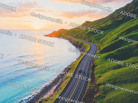Car Driving On Winding Coastal Road Along Green Cliffs At Sunset
