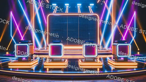 Game Show Podiums Glowing Neon Lights Television Studio