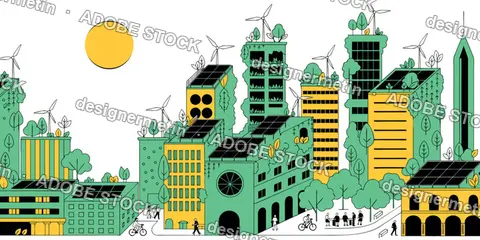 Solarpunk Sustainable Cityscape Vector, Green Future Urban Design