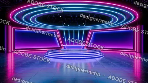 Neon Virtual Studio Stage Podium Glowing Rings Dark Interior
