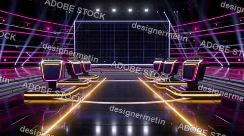 Quiz Show Stage Podiums Neon Lights Tv Studio