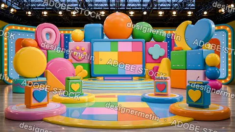 Colorful Children Game Show Studio Set Geometric Shapes