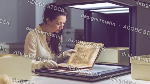 Woman Examining Ancient Manuscript In Conservation Laboratory
