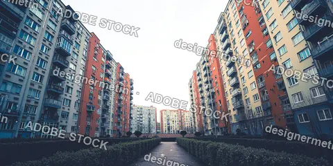 Colorful Apartment Buildings In Urban Residential Complex Courtyard