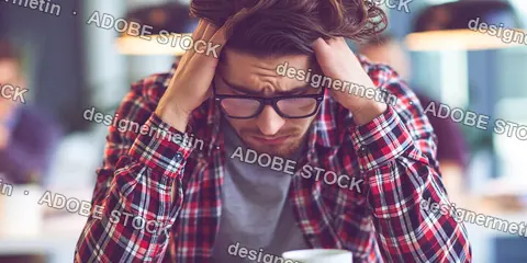 Stressed Young Man Holding Head In Office