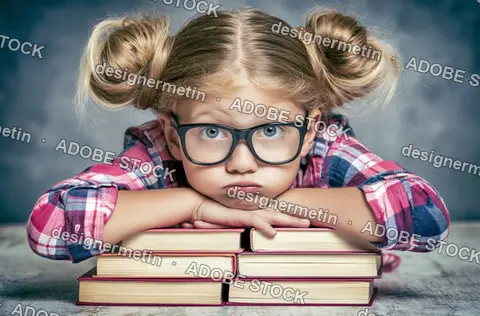 Little Girl Student Leaning On Stack Of Books