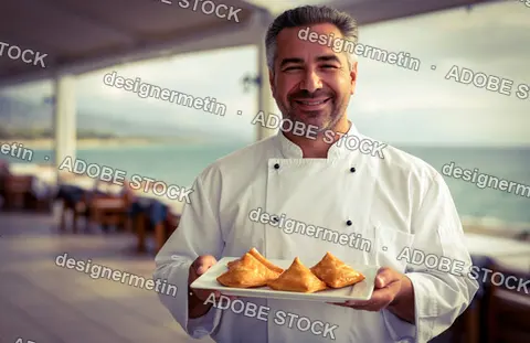 Smiling Chef Holding Plate Of Samosas On Coastal Restaurant Terrace
