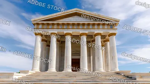 Ancient Greek Temple Marble Columns Gold Accents Blue Sky