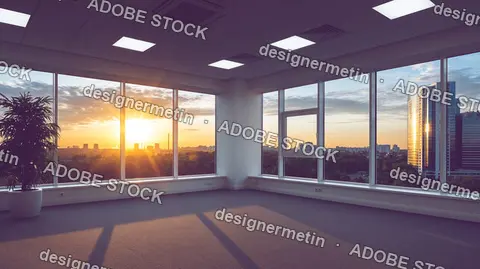 Empty Office Interior Panoramic City Sunset View