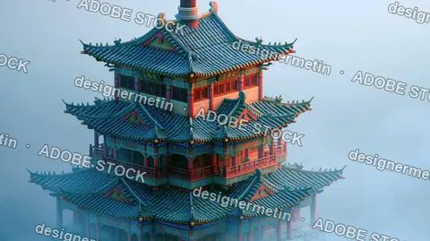 Ancient Chinese Pagoda Architecture In Dense Fog