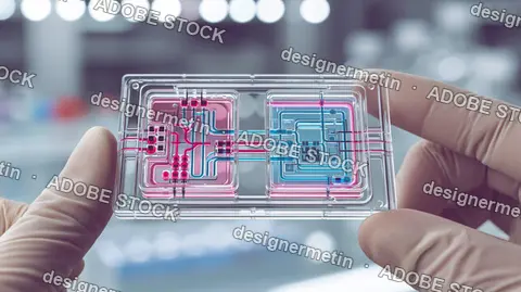 Microfluidic Chip Held By Gloved Hands In Science Laboratory