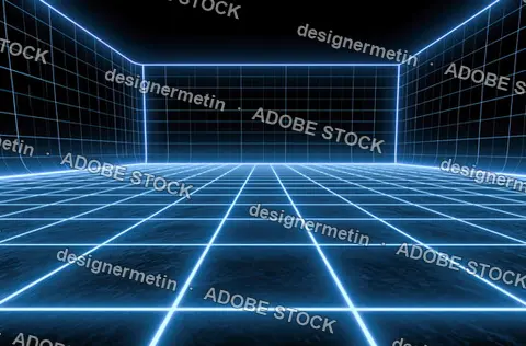 Blue Neon Grid Floor In Virtual Reality Studio Space