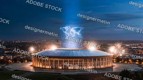 Stadium Glowing World Map Hologram Night City Skyline