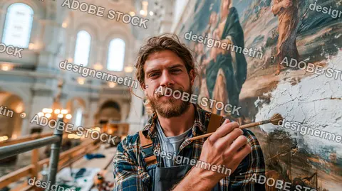 Art Restorer Painting Fresco In Historic Cathedral