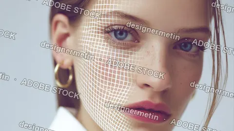 Woman Face Biometric Scanning Digital Grid Plain Background