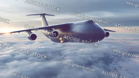 Military Transport Plane Flying Over Clouds At Dusk